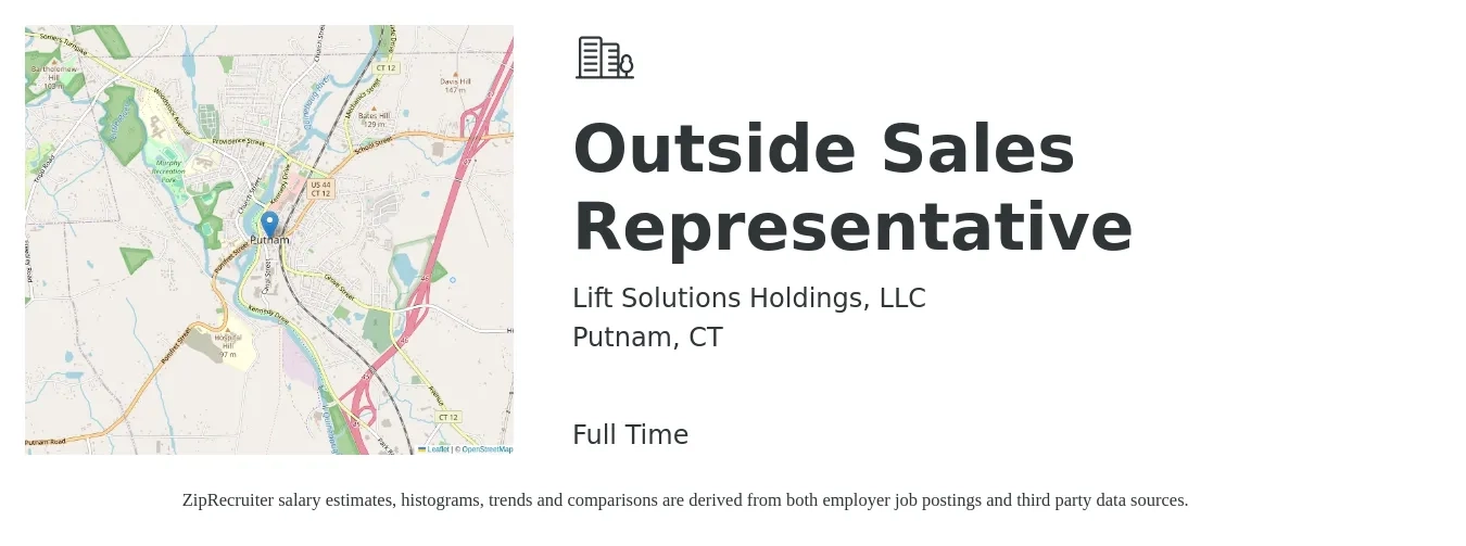 Lift Solutions Holdings, LLC job posting for a Outside Sales Representative in Putnam, CT with a salary of $53,000 to $90,900 Yearly with a map of Putnam location.