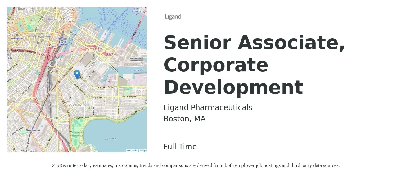 Ligand Pharmaceuticals job posting for a Senior Associate, Corporate Development in Boston, MA with a salary of $50,100 to $220,100 Yearly with a map of Boston location.