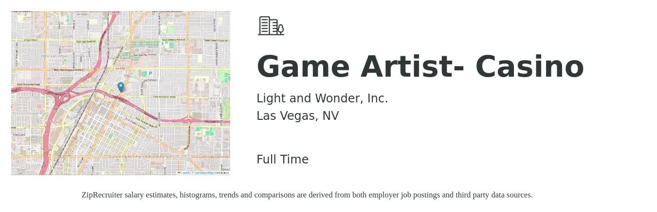 Light and Wonder, Inc. job posting for a Game Artist- Casino in Las Vegas, NV with a salary of $75,500 to $162,800 Yearly with a map of Las Vegas location.