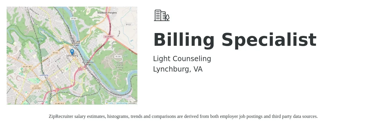 Light Counseling job posting for a Billing Specialist in Lynchburg, VA with a salary of $19 to $25 Hourly with a map of Lynchburg location.