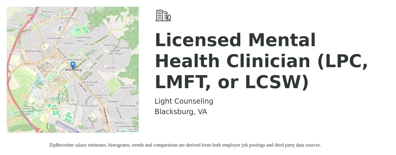 Light Counseling job posting for a Licensed Mental Health Clinician (LPC, LMFT, or LCSW) in Blacksburg, VA with a salary of $54,400 to $87,700 Yearly with a map of Blacksburg location.