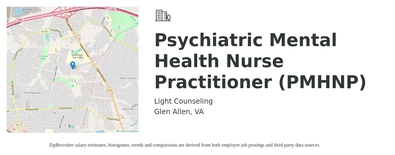 Light Counseling job posting for a Psychiatric Mental Health Nurse Practitioner (PMHNP) in Glen Allen, VA with a salary of $98,700 to $137,100 Yearly with a map of Glen Allen location.