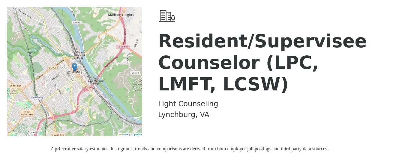 Light Counseling job posting for a Resident/Supervisee Counselor (LPC, LMFT, LCSW) in Lynchburg, VA with a salary of $56,900 to $85,600 Yearly with a map of Lynchburg location.