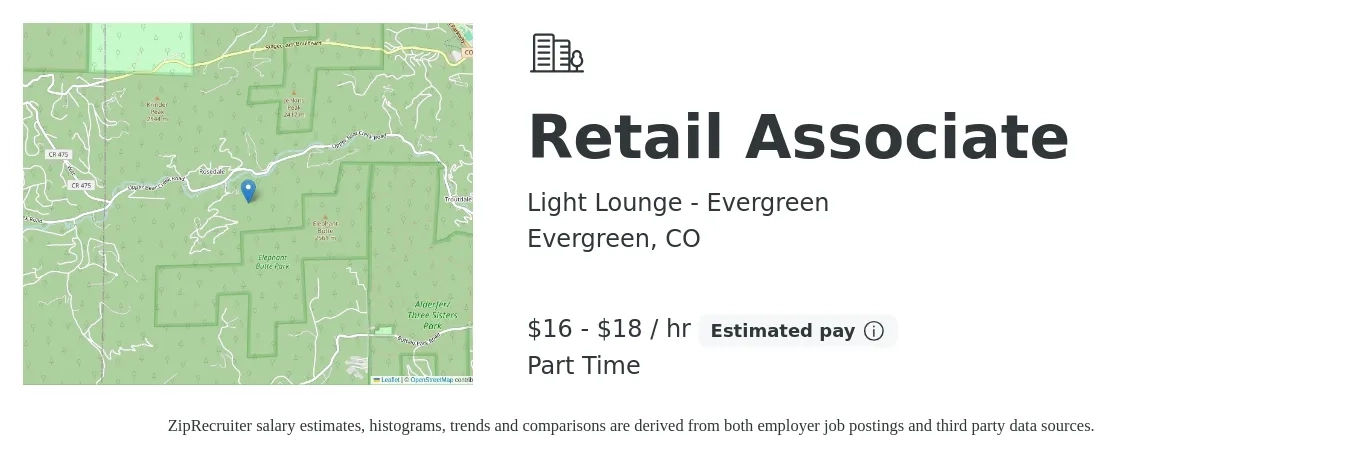 Light Lounge - Evergreen job posting for a Retail Associate in Evergreen, CO with a salary of $17 to $19 Hourly with a map of Evergreen location.