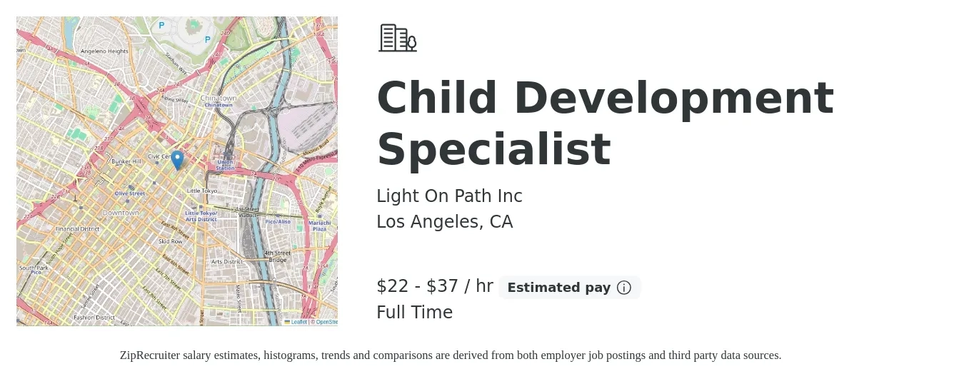 Light On Path Inc job posting for a Child Development Specialist in Los Angeles, CA with a salary of $23 to $39 Hourly with a map of Los Angeles location.