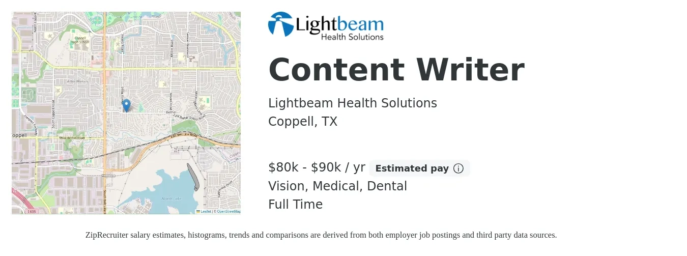 Lightbeam Health Solutions job posting for a Content Writer in Coppell, TX with a salary of $60,000 to $72,000 Yearly and benefits including life_insurance, medical, pto, retirement, vision, and dental with a map of Coppell location.