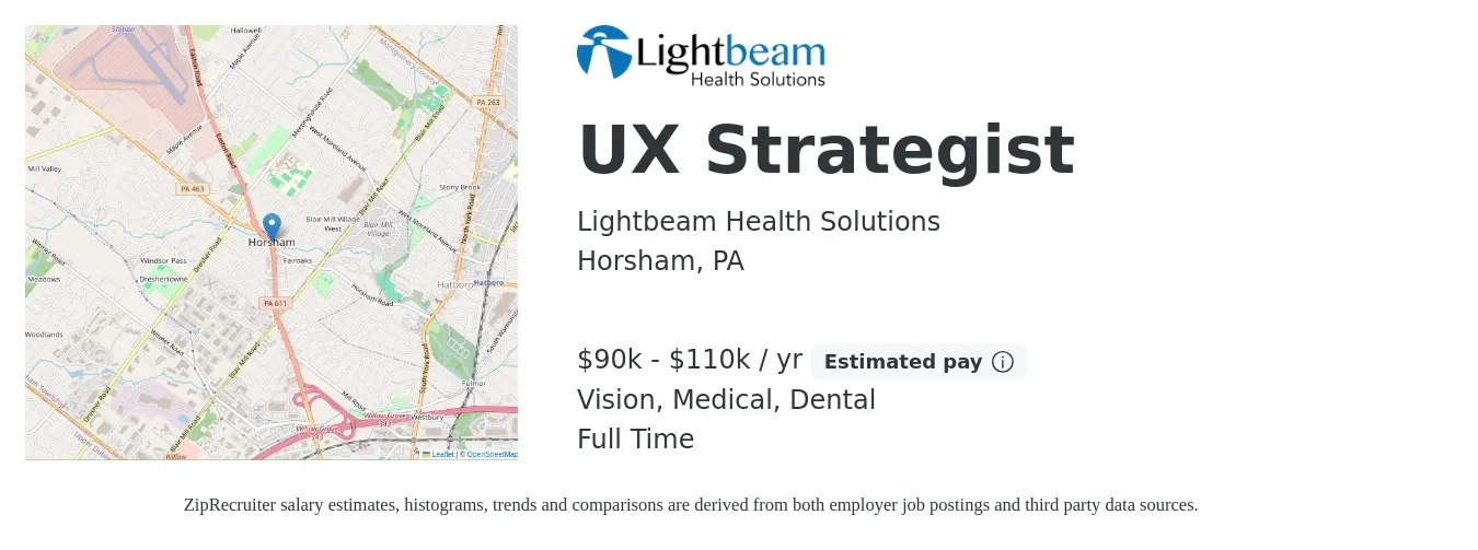Lightbeam Health Solutions job posting for a UX Strategist in Horsham, PA with a salary of $90,000 to $110,000 Yearly and benefits including vision, dental, life_insurance, medical, pto, and retirement with a map of Horsham location.