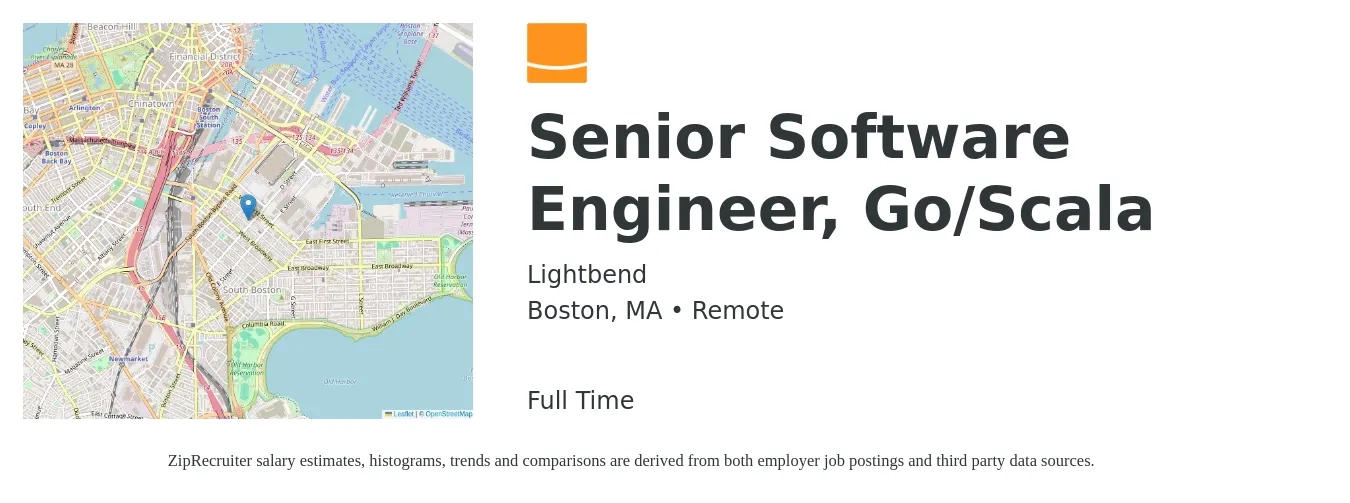 Lightbend job posting for a Senior Software Engineer, Go/Scala in Boston, MA with a salary of $133,100 to $175,500 Yearly with a map of Boston location.
