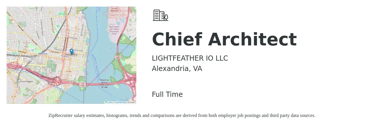 LIGHTFEATHER IO LLC job posting for a Chief Architect in Alexandria, VA with a salary of $160,500 to $208,700 Yearly with a map of Alexandria location.