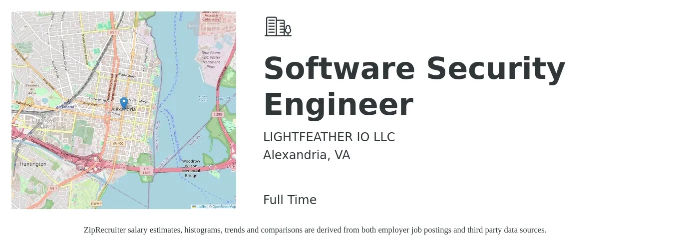 LIGHTFEATHER IO LLC job posting for a Software Security Engineer in Alexandria, VA with a salary of $124,200 to $171,200 Yearly with a map of Alexandria location.