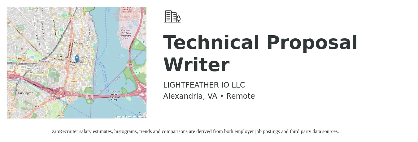 LIGHTFEATHER IO LLC job posting for a Technical Proposal Writer in Alexandria, VA with a salary of $76,000 to $107,000 Yearly with a map of Alexandria location.