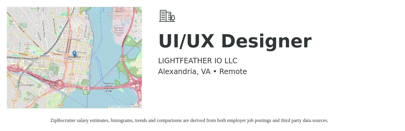 LIGHTFEATHER IO LLC job posting for a UI/UX Designer in Alexandria, VA with a salary of $46 to $72 Hourly with a map of Alexandria location.
