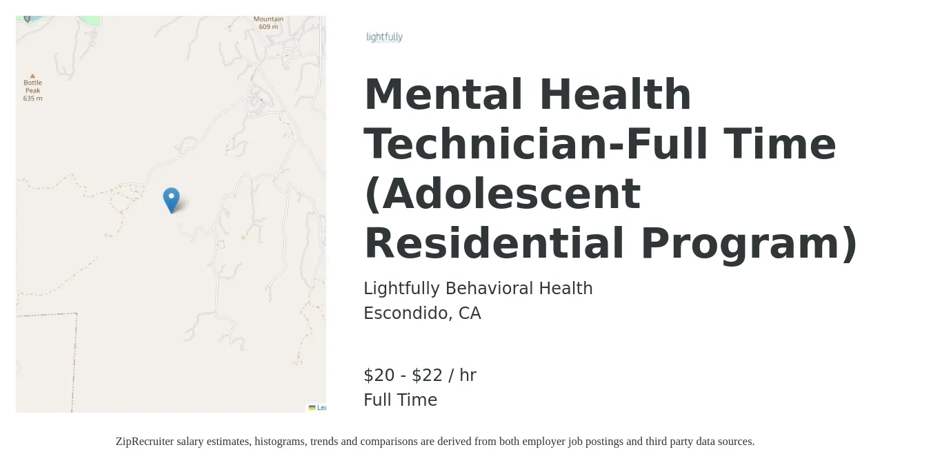 Lightfully Behavioral Health job posting for a Mental Health Technician-Full Time (Adolescent Residential Program) in Escondido, CA with a salary of $21 to $23 Hourly with a map of Escondido location.