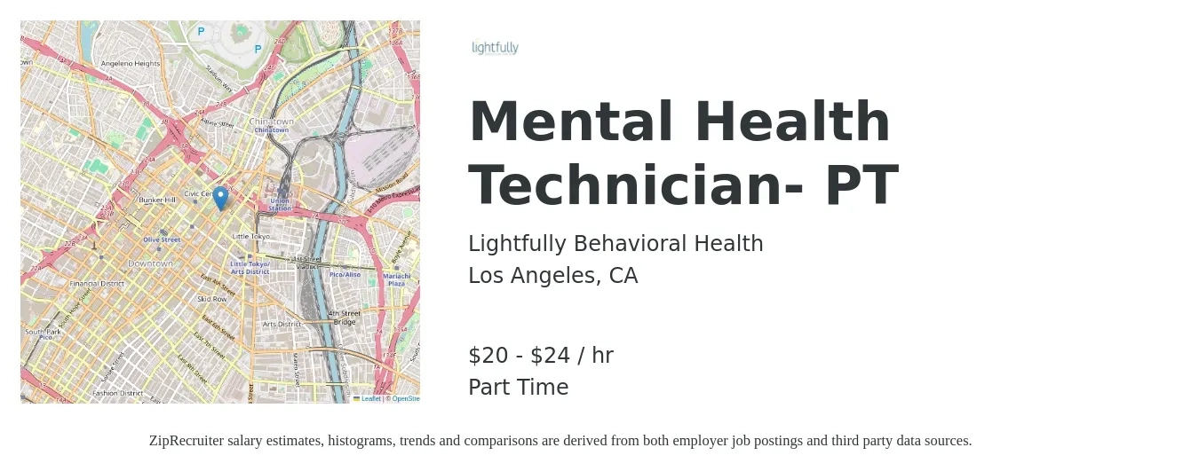 Lightfully Behavioral Health job posting for a Mental Health Technician- PT in Los Angeles, CA with a salary of $21 to $25 Hourly with a map of Los Angeles location.