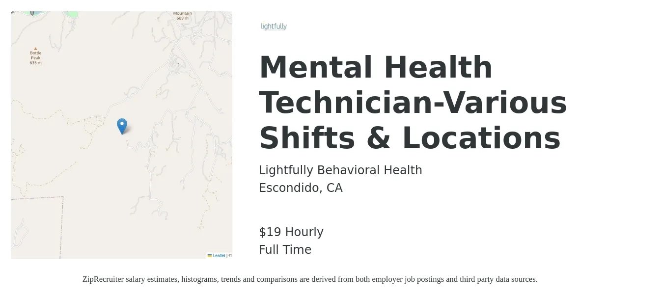 Lightfully Behavioral Health job posting for a Mental Health Technician-Various Shifts & Locations in Escondido, CA with a salary of $20 Hourly with a map of Escondido location.