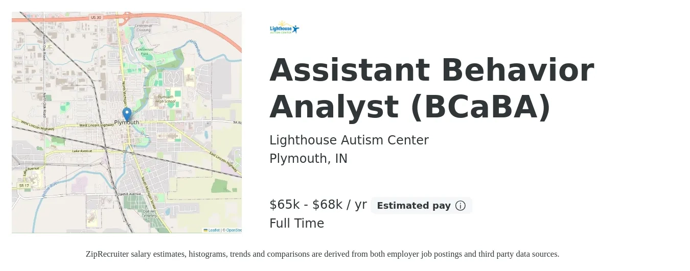 Lighthouse Autism Center job posting for a Assistant Behavior Analyst (BCaBA) in Plymouth, IN with a salary of $65,000 to $68,000 Yearly with a map of Plymouth location.