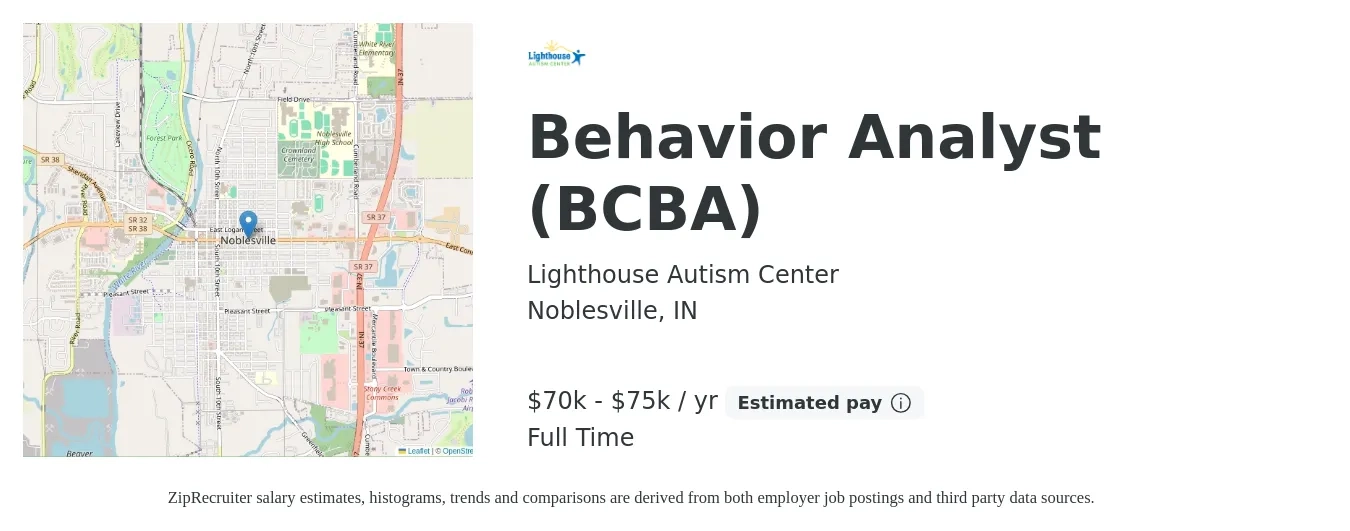Lighthouse Autism Center job posting for a Behavior Analyst (BCBA) in Noblesville, IN with a salary of $70,000 to $75,000 Yearly with a map of Noblesville location.