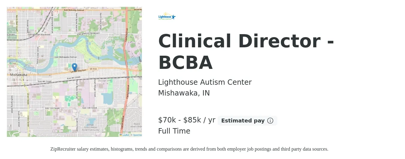 Lighthouse Autism Center job posting for a Clinical Director - BCBA in Mishawaka, IN with a salary of $70,000 to $85,000 Yearly with a map of Mishawaka location.