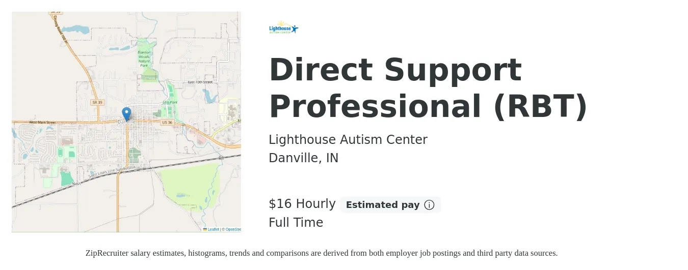 Lighthouse Autism Center job posting for a Direct Support Professional (RBT) in Danville, IN with a salary of $18 to $31 Hourly with a map of Danville location.