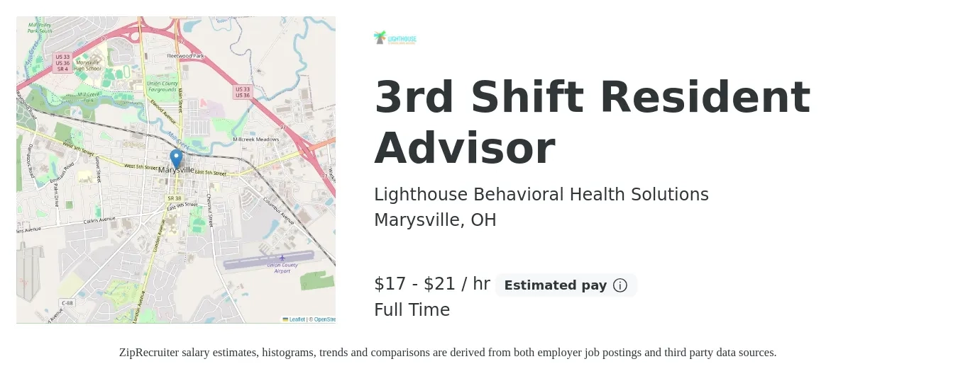 Lighthouse Behavioral Health Solutions job posting for a 3rd Shift Resident Advisor in Marysville, OH with a salary of $18 to $22 Hourly with a map of Marysville location.