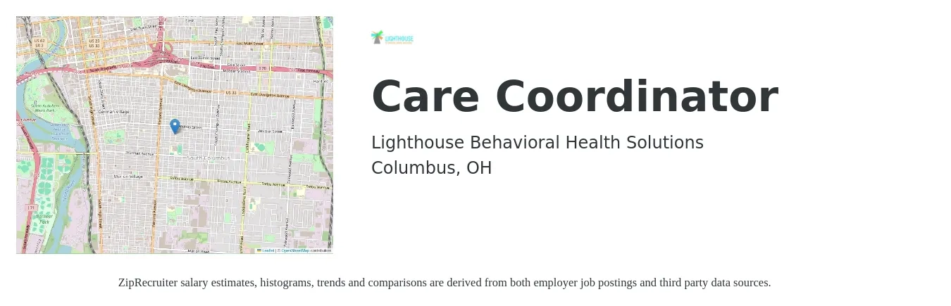 Lighthouse Behavioral Health Solutions job posting for a Care Coordinator in Columbus, OH with a salary of $19 to $25 Hourly with a map of Columbus location.