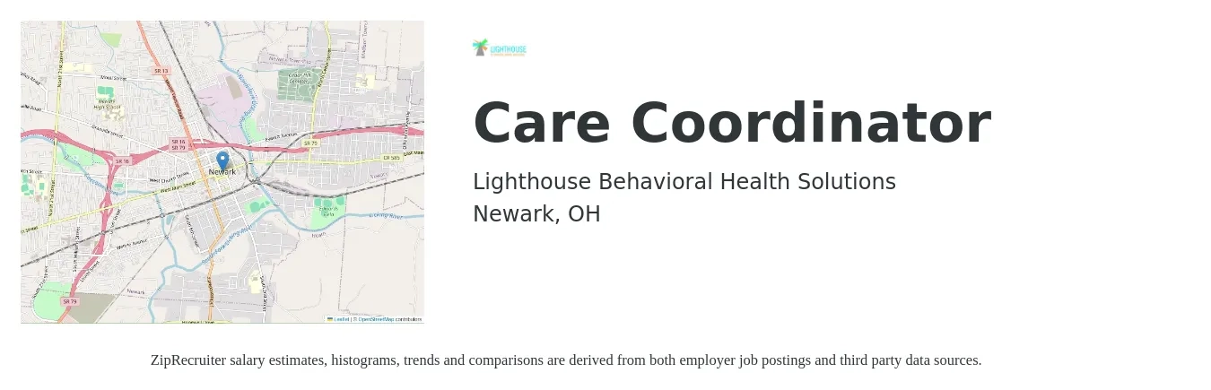 Lighthouse Behavioral Health Solutions job posting for a Care Coordinator in Newark, OH with a salary of $19 to $25 Hourly with a map of Newark location.