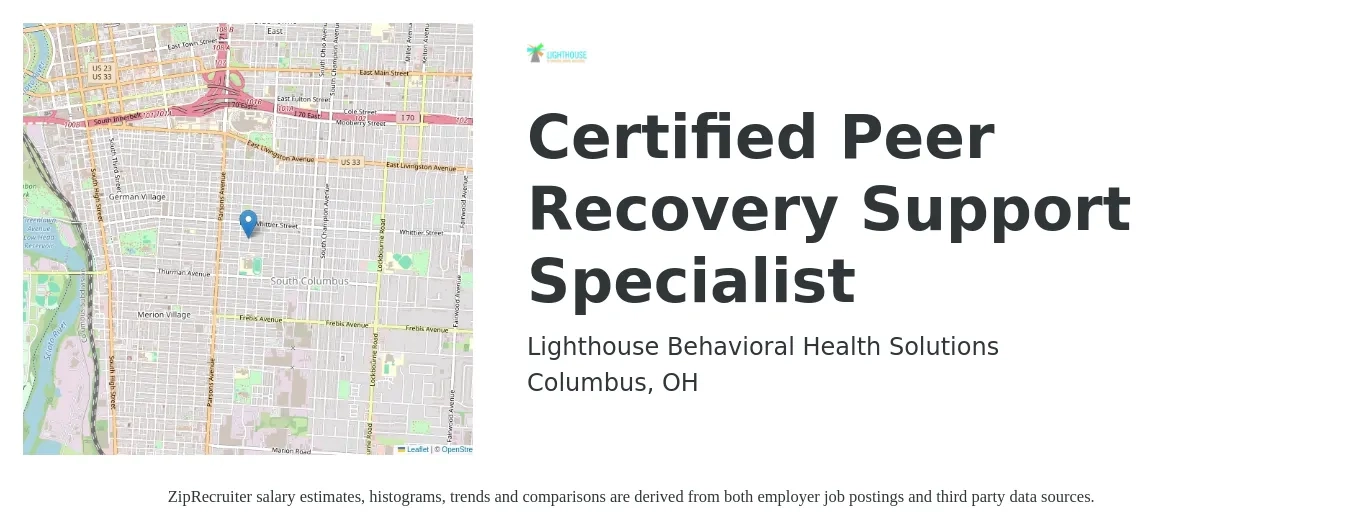 Lighthouse Behavioral Health Solutions job posting for a Certified Peer Recovery Support Specialist in Columbus, OH with a salary of $19 Hourly with a map of Columbus location.