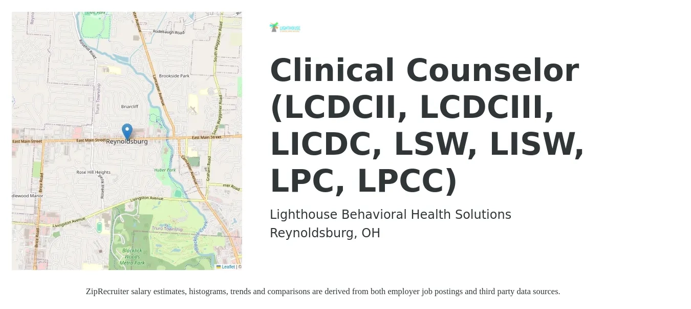 Lighthouse Behavioral Health Solutions job posting for a Clinical Counselor (LCDCII, LCDCIII, LICDC, LSW, LISW, LPC, LPCC) in Reynoldsburg, OH with a salary of $50,000 to $70,000 Yearly with a map of Reynoldsburg location.