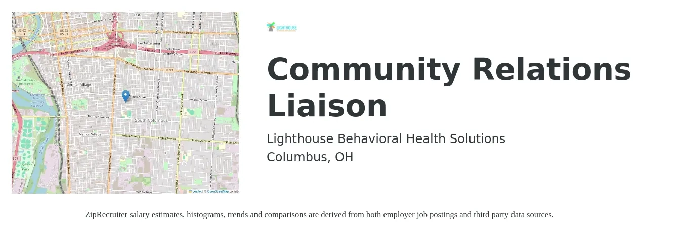 Lighthouse Behavioral Health Solutions job posting for a Community Relations Liaison in Columbus, OH with a salary of $60,000 to $70,000 Yearly with a map of Columbus location.