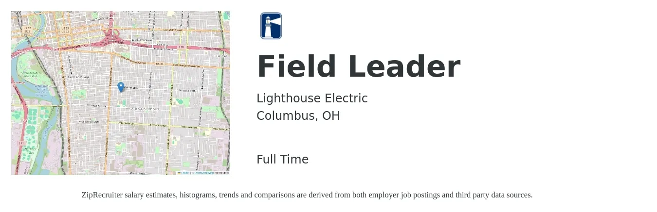 Lighthouse Electric job posting for a Field Leader in Columbus, OH with a salary of $43 to $49 Hourly with a map of Columbus location.