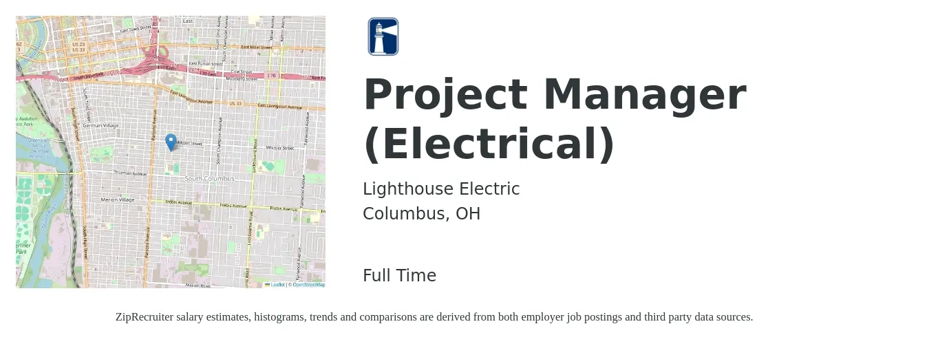Lighthouse Electric job posting for a Project Manager (Electrical) in Columbus, OH with a salary of $110 Hourly with a map of Columbus location.