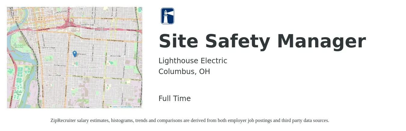 Lighthouse Electric job posting for a Site Safety Manager in Columbus, OH with a salary of $32 to $38 Hourly with a map of Columbus location.
