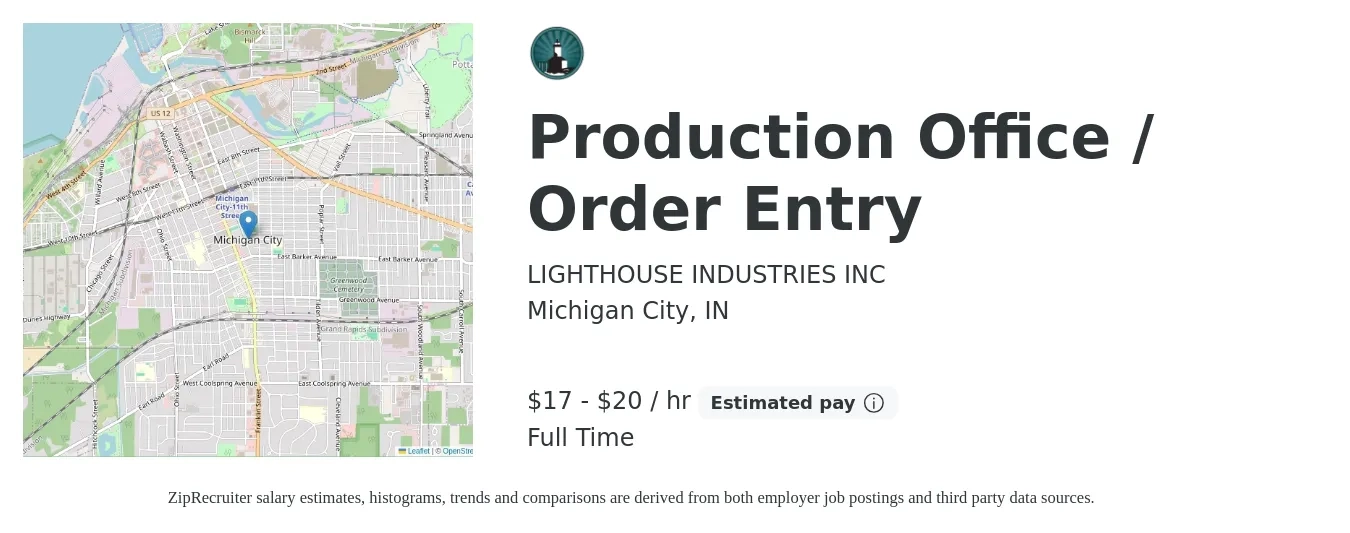 LIGHTHOUSE INDUSTRIES INC job posting for a Production Office / Order Entry in Michigan City, IN with a salary of $18 to $21 Hourly with a map of Michigan City location.