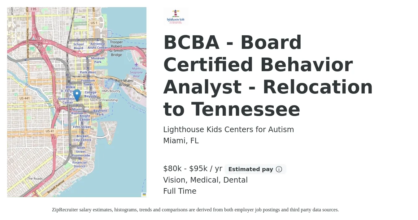Lighthouse Kids Centers for Autism job posting for a BCBA - Board Certified Behavior Analyst - Relocation to Tennessee in Miami, FL with a salary of $80,000 to $95,000 Yearly and benefits including dental, medical, pto, and vision with a map of Miami location.