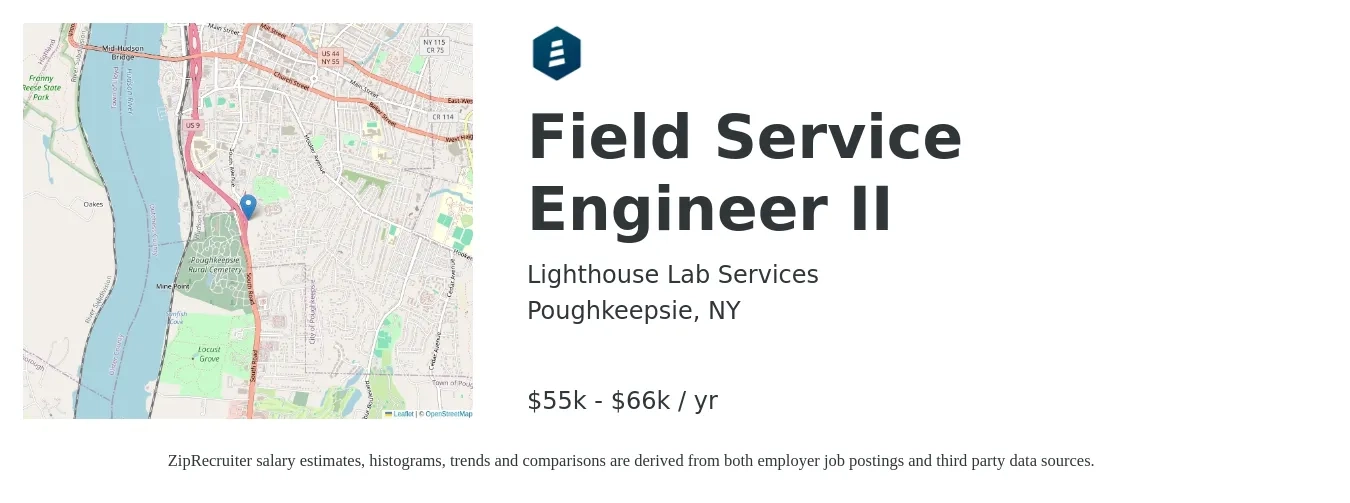Lighthouse Lab Services job posting for a Field Service Engineer II in Poughkeepsie, NY with a salary of $55,000 to $66,000 Yearly with a map of Poughkeepsie location.