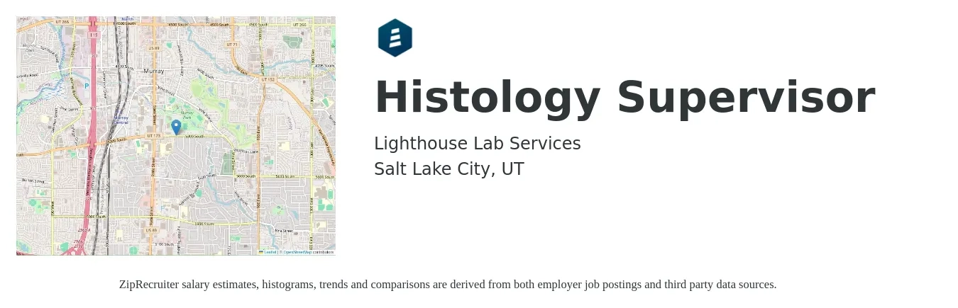 Lighthouse Lab Services job posting for a Histology Supervisor in Salt Lake City, UT with a salary of $69,700 to $96,300 Yearly with a map of Salt Lake City location.