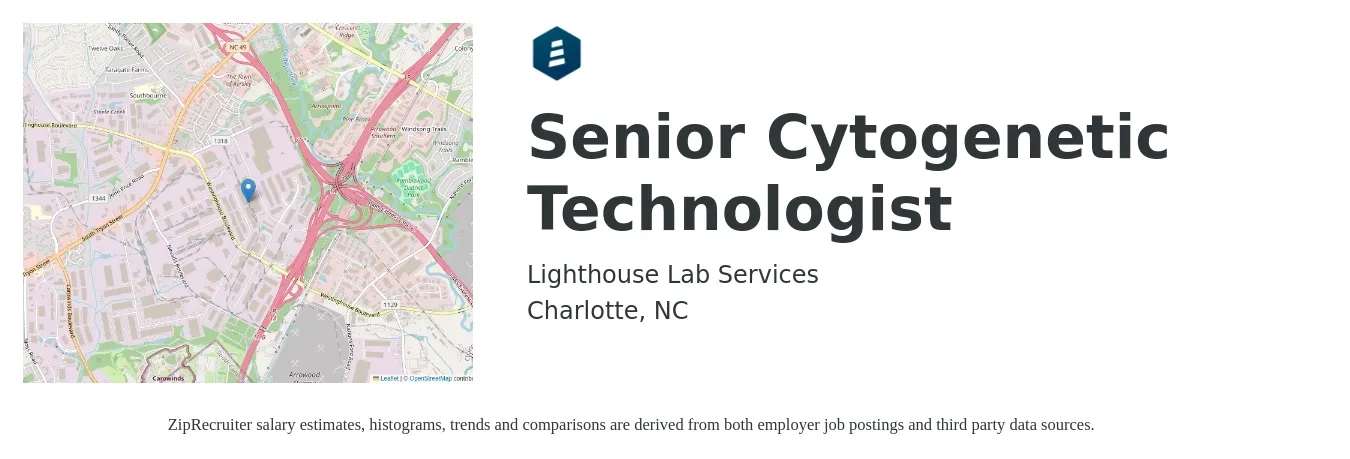 Lighthouse Lab Services job posting for a Senior Cytogenetic Technologist in Charlotte, NC with a salary of $30 to $36 Hourly with a map of Charlotte location.