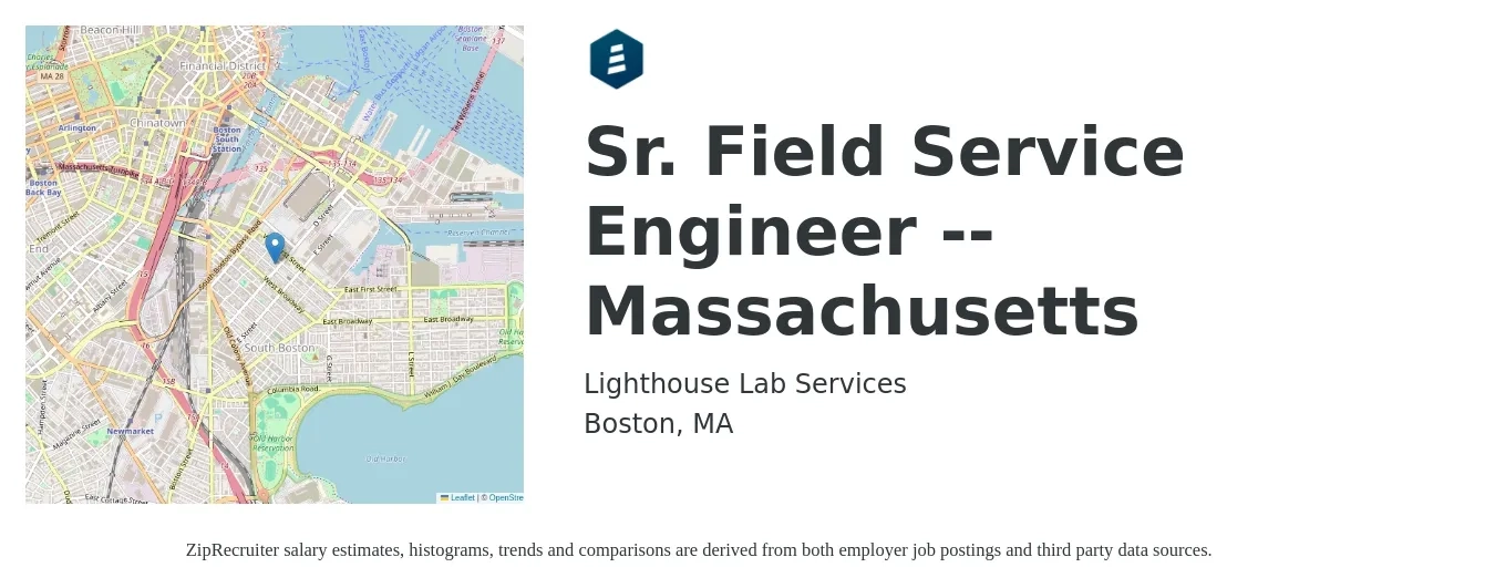 Lighthouse Lab Services job posting for a Sr. Field Service Engineer -- Massachusetts in Boston, MA with a salary of $75,500 to $118,400 Yearly with a map of Boston location.