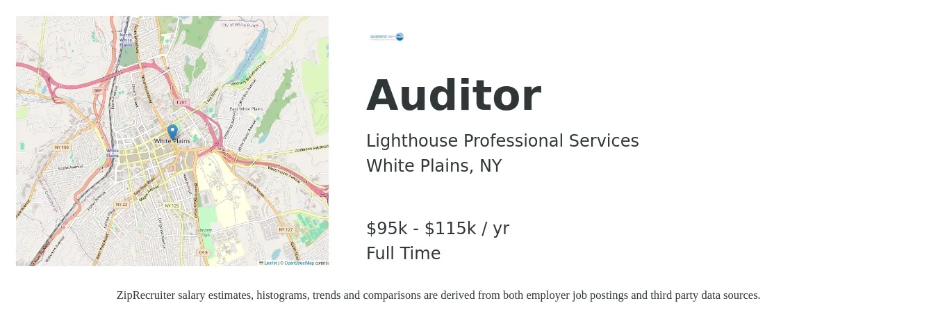 Lighthouse Professional Services job posting for a Auditor in White Plains, NY with a salary of $95,000 to $115,000 Yearly with a map of White Plains location.