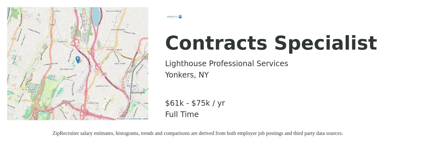 Lighthouse Professional Services job posting for a Contracts Specialist in Yonkers, NY with a salary of $61,858 to $75,000 Yearly with a map of Yonkers location.