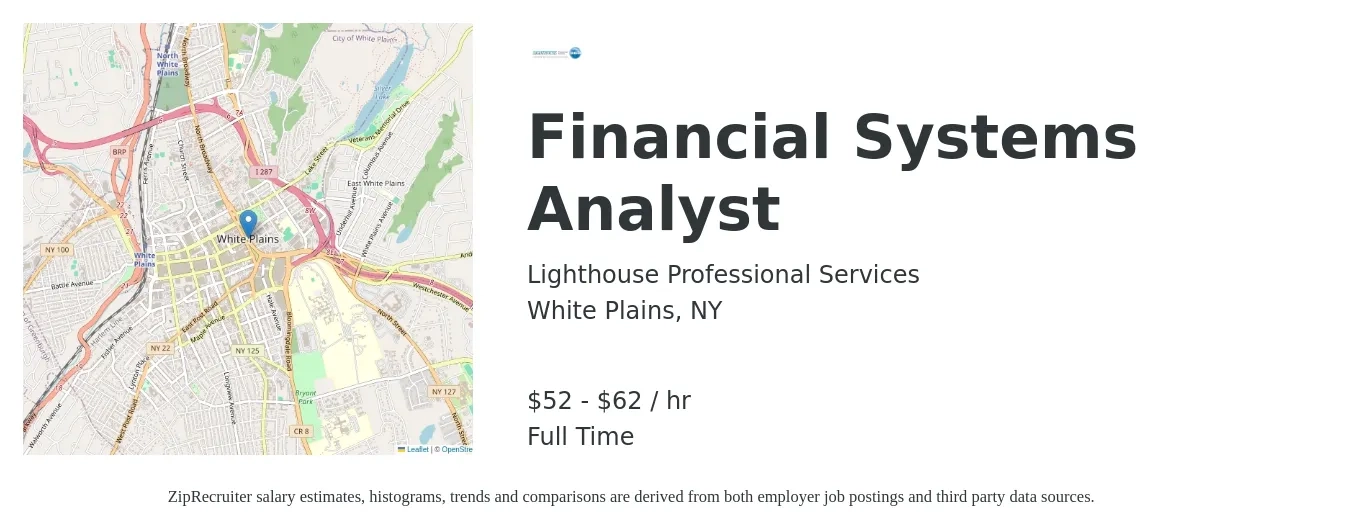 Lighthouse Professional Services job posting for a Financial Systems Analyst in White Plains, NY with a salary of $55 to $65 Hourly with a map of White Plains location.