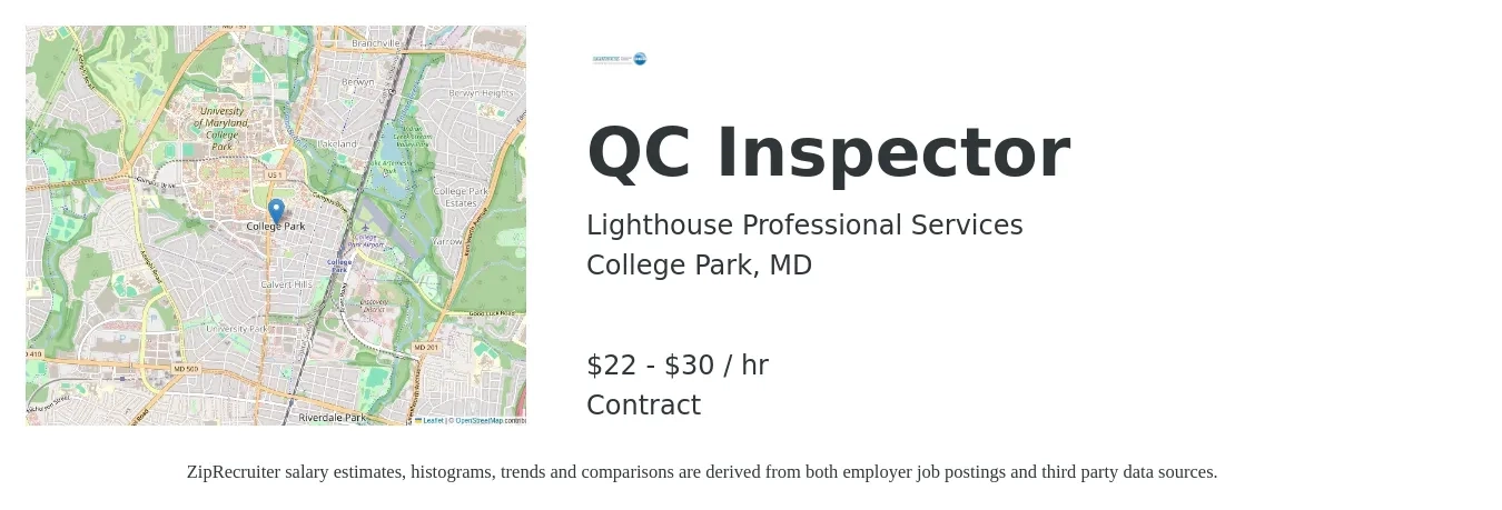 Lighthouse Professional Services job posting for a QC Inspector in College Park, MD with a salary of $23 to $32 Hourly with a map of College Park location.