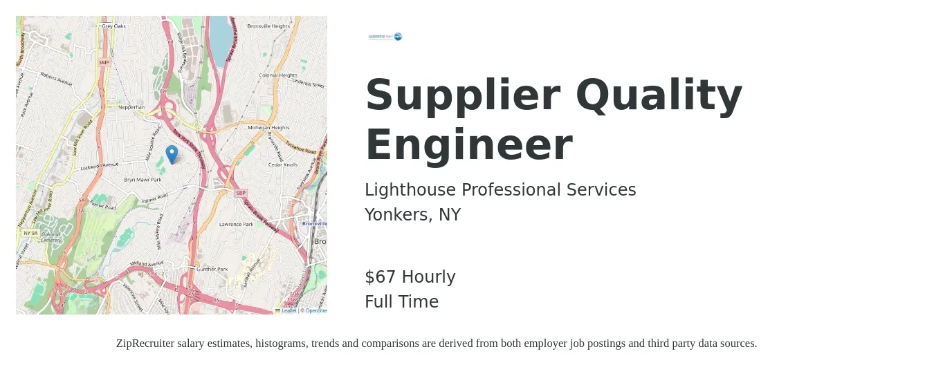 Lighthouse Professional Services job posting for a Supplier Quality Engineer in Yonkers, NY with a salary of $92,300 to $133,700 Yearly with a map of Yonkers location.