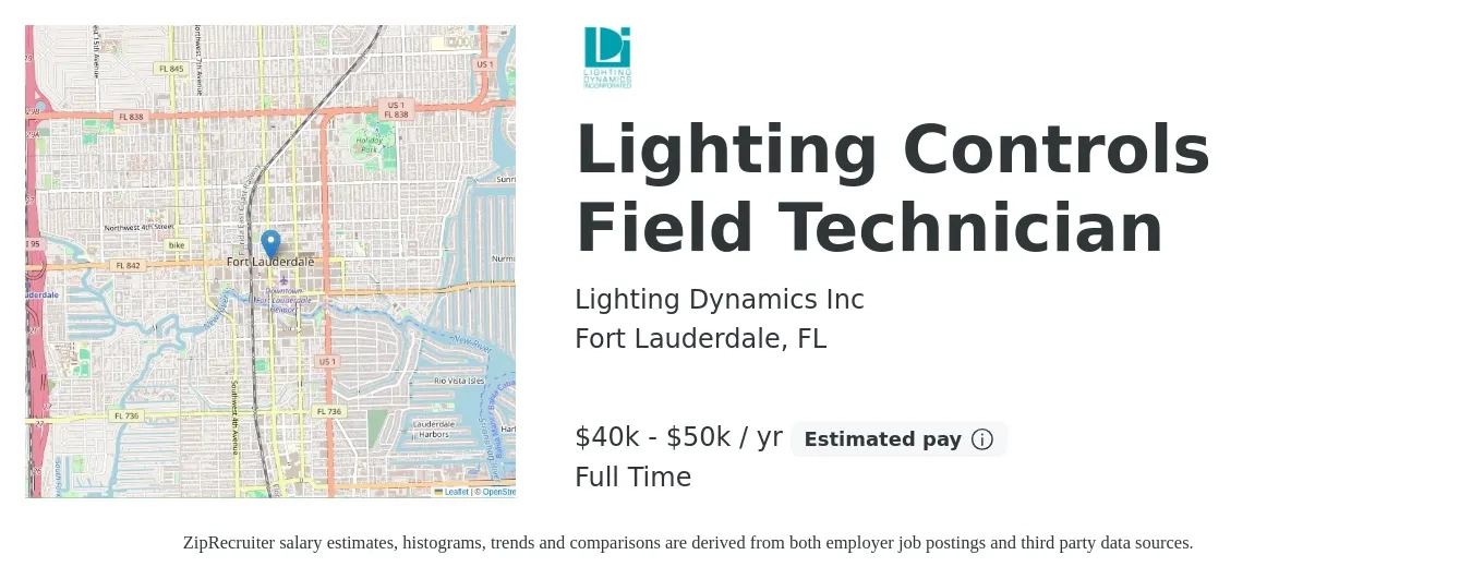 Lighting Dynamics Inc job posting for a Lighting Controls Field Technician in Fort Lauderdale, FL with a salary of $40,000 to $50,000 Yearly with a map of Fort Lauderdale location.