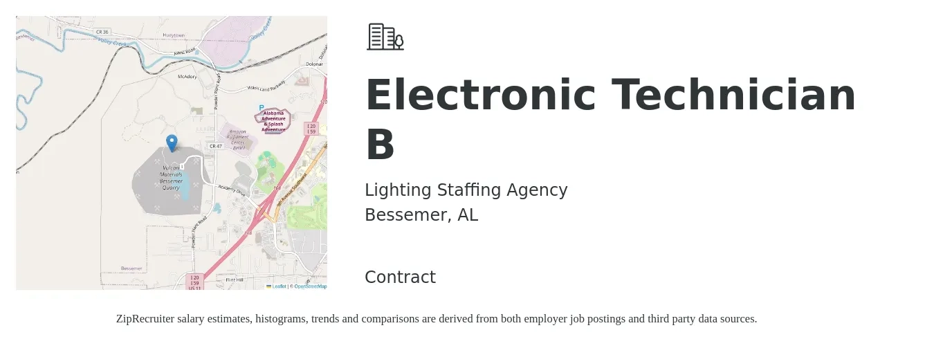 Lighting Staffing Agency job posting for a Electronic Technician B in Bessemer, AL with a salary of $41,100 to $62,500 Yearly with a map of Bessemer location.