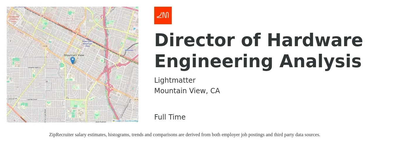 Lightmatter job posting for a Director of Hardware Engineering Analysis in Mountain View, CA with a salary of $230,000 to $300,000 Yearly with a map of Mountain View location.