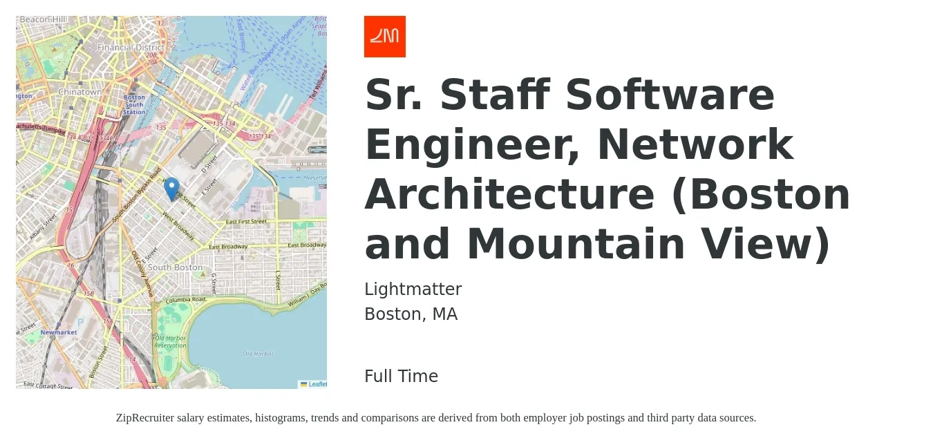 Lightmatter job posting for a Sr. Staff Software Engineer, Network Architecture (Boston and Mountain View) in Boston, MA with a salary of $200,000 to $250,000 Yearly with a map of Boston location.