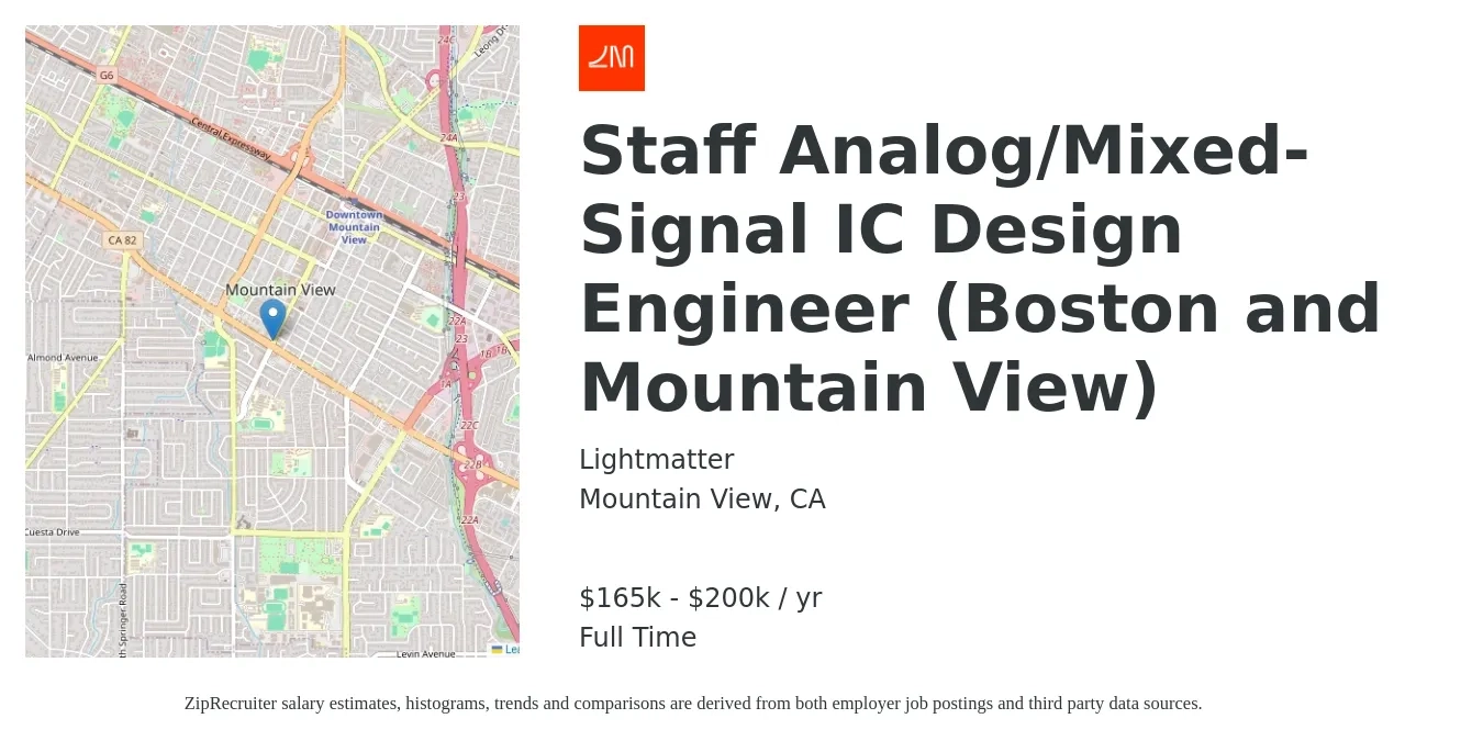Lightmatter job posting for a Staff Analog/Mixed-Signal IC Design Engineer (Boston and Mountain View) in Mountain View, CA with a salary of $165,000 to $200,000 Yearly with a map of Mountain View location.