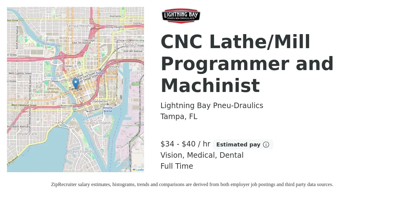 Lightning Bay Pneu-Draulics job posting for a CNC Lathe/Mill Programmer and Machinist in Tampa, FL with a salary of $36 to $42 Hourly and benefits including dental, life_insurance, medical, pto, retirement, and vision with a map of Tampa location.