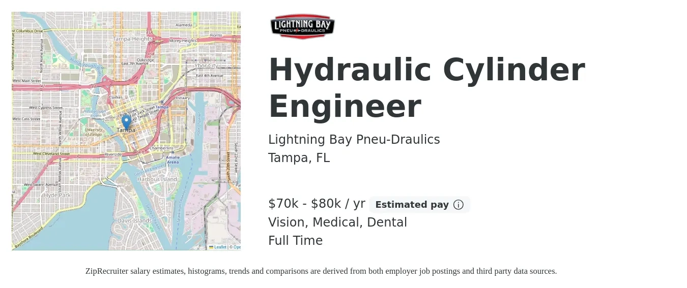 Lightning Bay Pneu-Draulics job posting for a Hydraulic Cylinder Engineer in Tampa, FL with a salary of $70,000 to $80,000 Yearly and benefits including vision, dental, life_insurance, medical, pto, and retirement with a map of Tampa location.